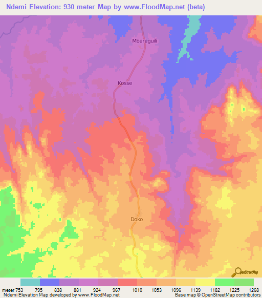 Ndemi,Central African Republic Elevation Map
