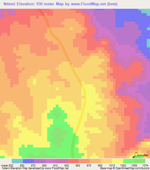 Ndemi,Central African Republic Elevation Map