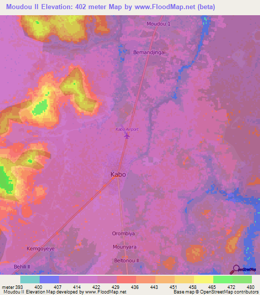 Moudou II,Central African Republic Elevation Map
