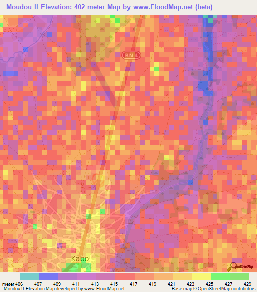 Moudou II,Central African Republic Elevation Map