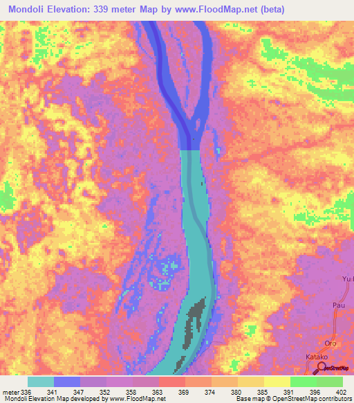 Mondoli,Central African Republic Elevation Map