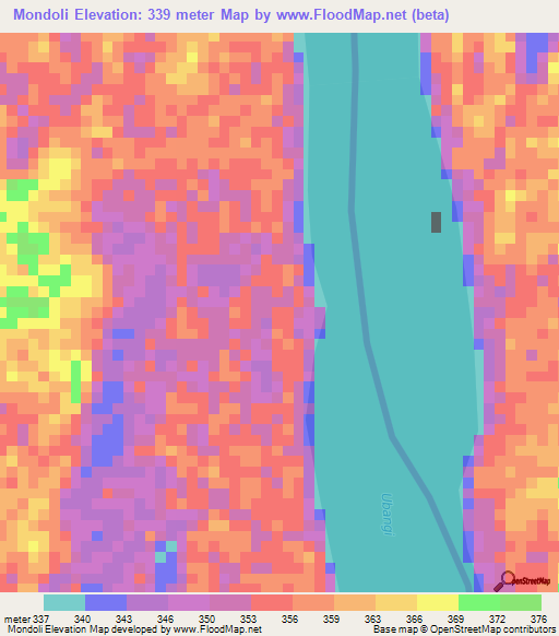 Mondoli,Central African Republic Elevation Map