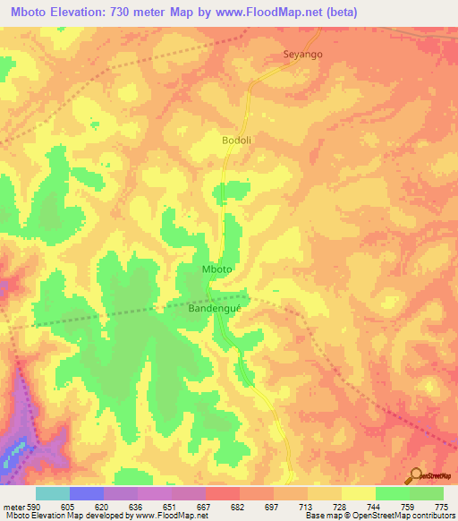 Mboto,Central African Republic Elevation Map