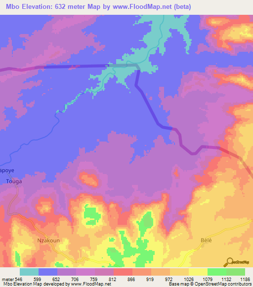 Mbo,Central African Republic Elevation Map