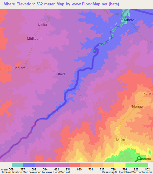 Mbere,Central African Republic Elevation Map