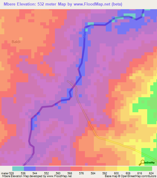 Mbere,Central African Republic Elevation Map
