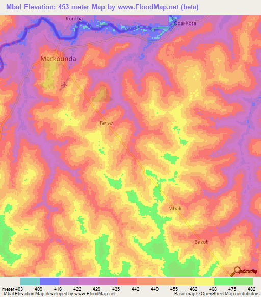 Mbal,Central African Republic Elevation Map
