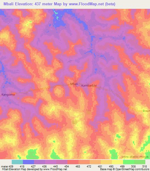 Mbali,Central African Republic Elevation Map