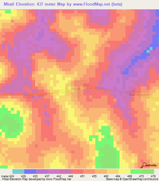 Mbali,Central African Republic Elevation Map