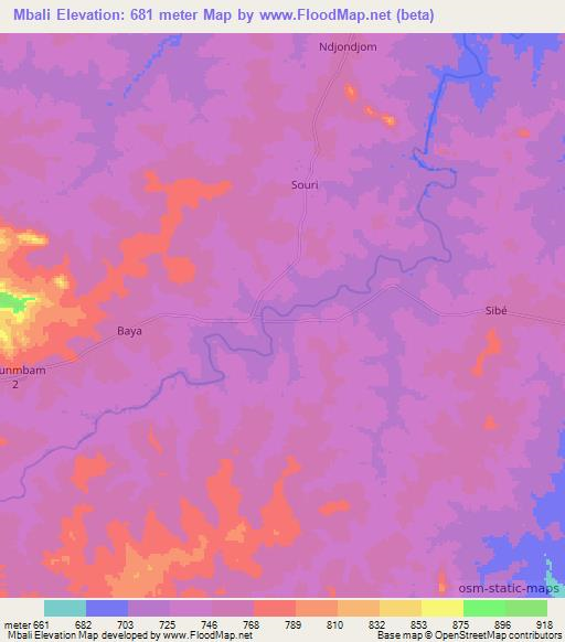 Mbali,Central African Republic Elevation Map