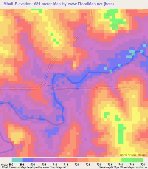 Mbali,Central African Republic Elevation Map
