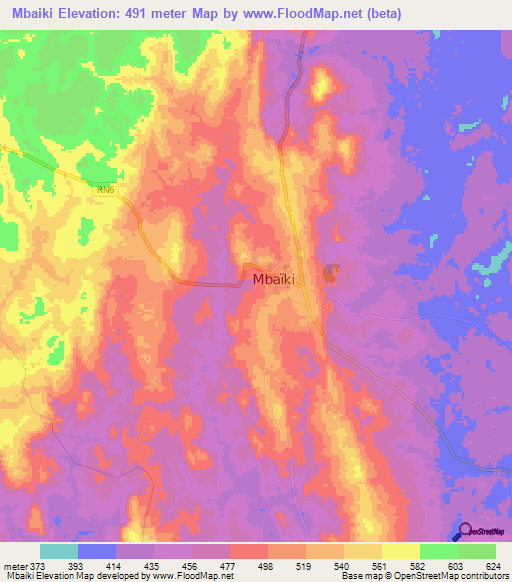 Mbaiki,Central African Republic Elevation Map
