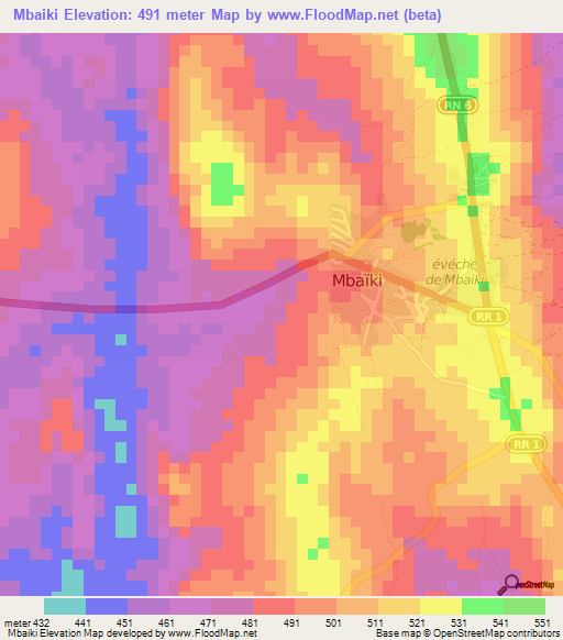 Mbaiki,Central African Republic Elevation Map