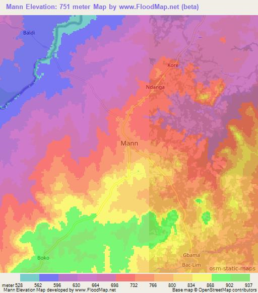 Mann,Central African Republic Elevation Map