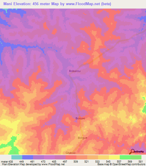 Mani,Central African Republic Elevation Map