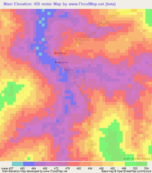 Mani,Central African Republic Elevation Map