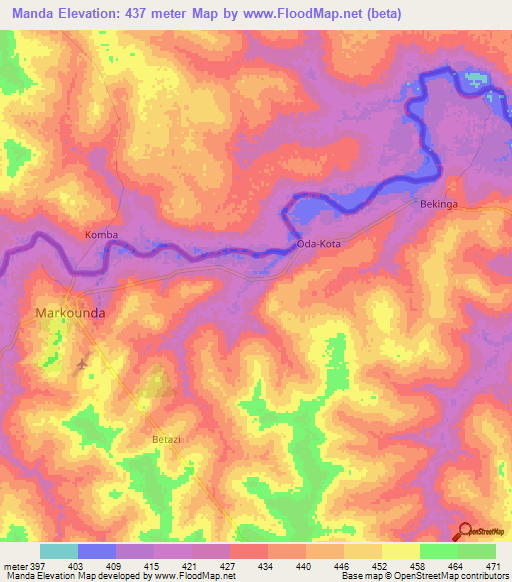 Manda,Central African Republic Elevation Map