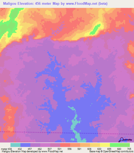 Maligou,Central African Republic Elevation Map