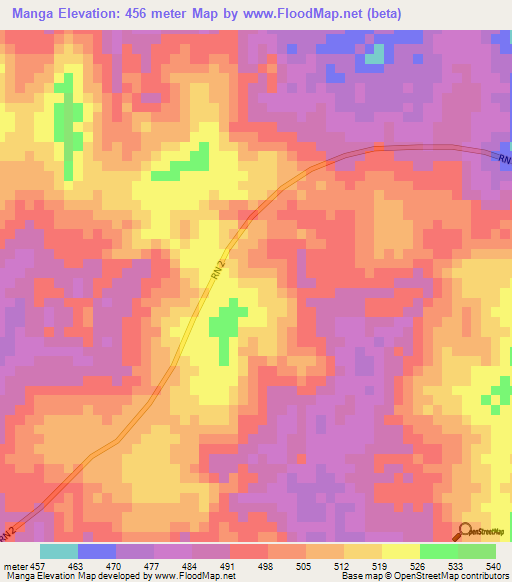 Manga,Central African Republic Elevation Map