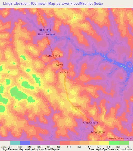 Linga,Central African Republic Elevation Map