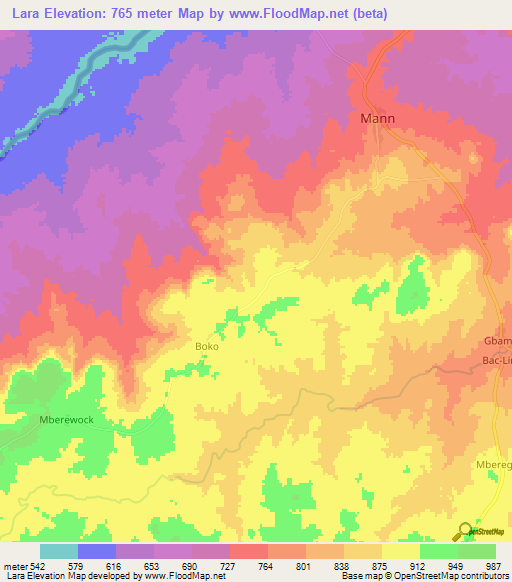 Lara,Central African Republic Elevation Map