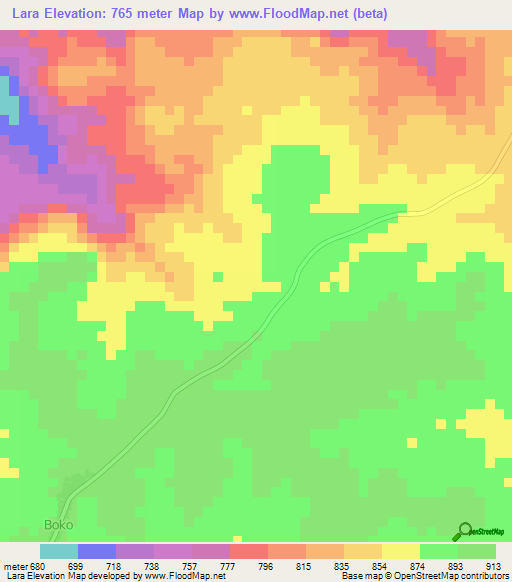 Lara,Central African Republic Elevation Map