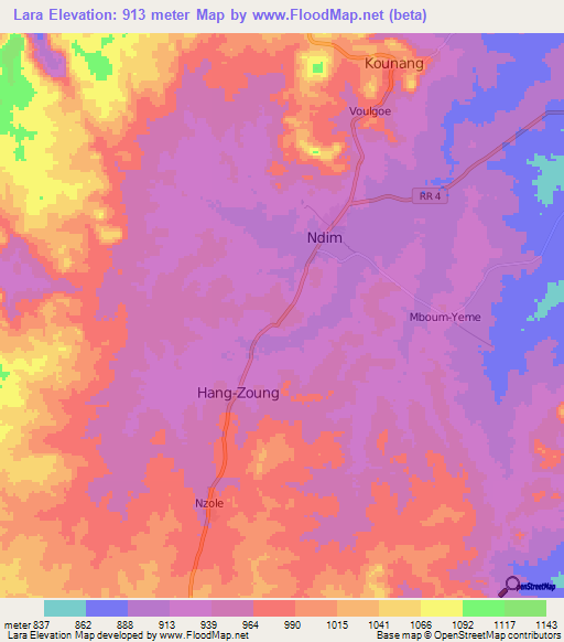Lara,Central African Republic Elevation Map