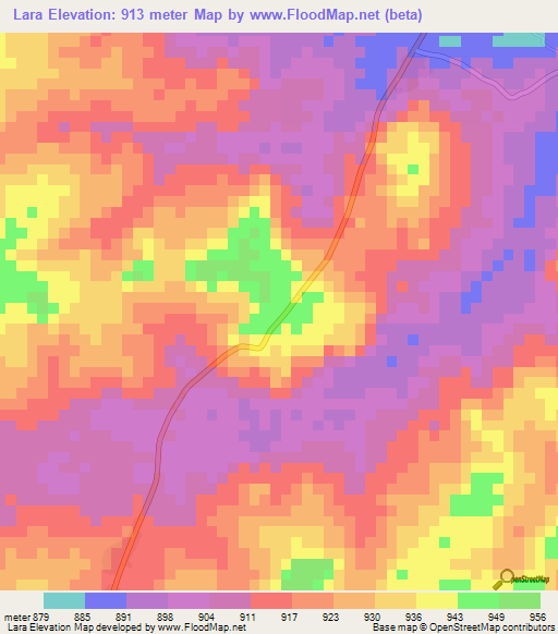 Lara,Central African Republic Elevation Map