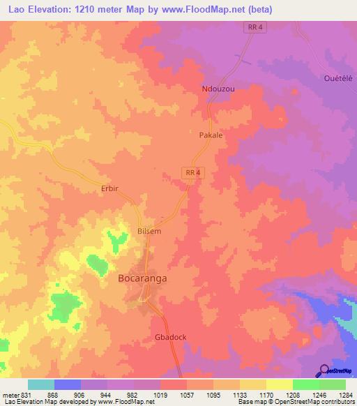 Lao,Central African Republic Elevation Map