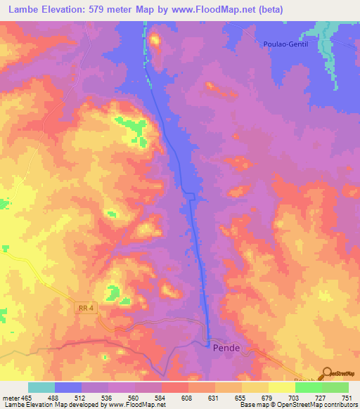 Lambe,Central African Republic Elevation Map