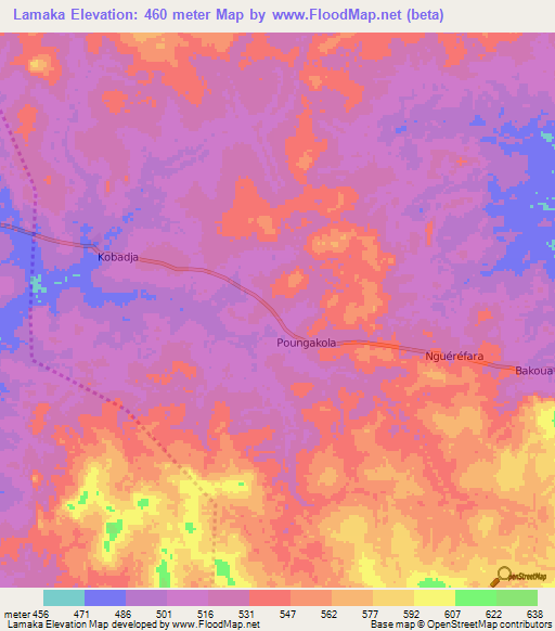 Lamaka,Central African Republic Elevation Map