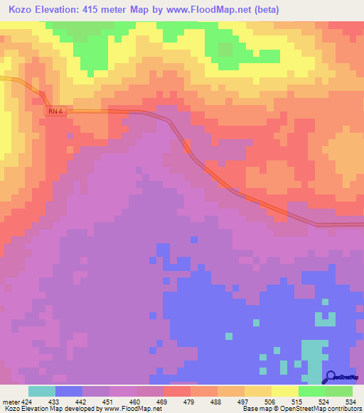 Kozo,Central African Republic Elevation Map