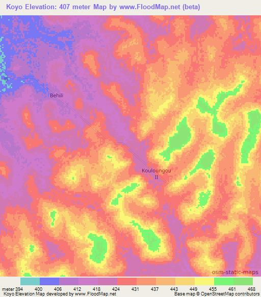 Koyo,Central African Republic Elevation Map
