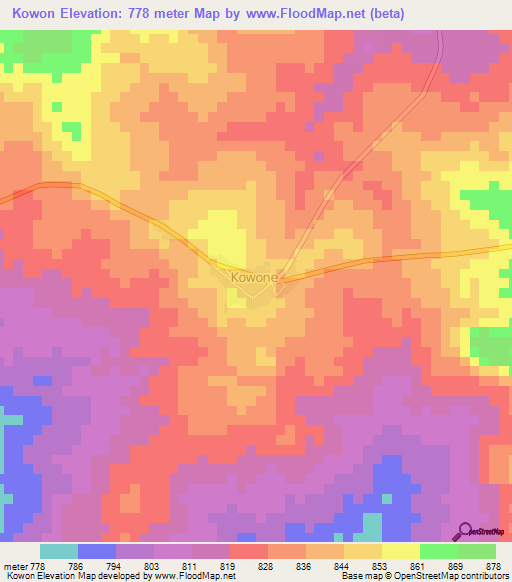 Kowon,Central African Republic Elevation Map