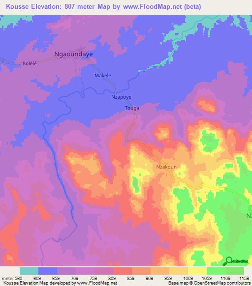 Kousse,Central African Republic Elevation Map
