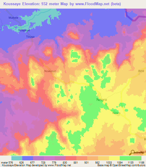 Koussaye,Central African Republic Elevation Map