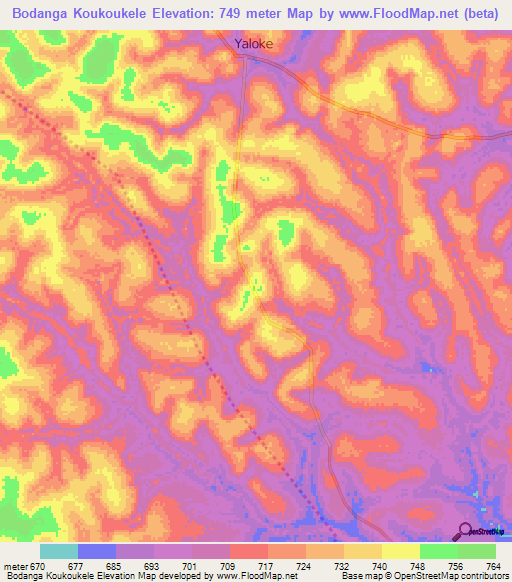 Bodanga Koukoukele,Central African Republic Elevation Map