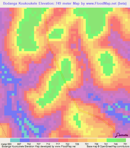 Bodanga Koukoukele,Central African Republic Elevation Map