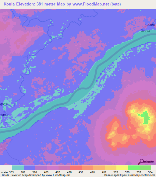Koula,Central African Republic Elevation Map
