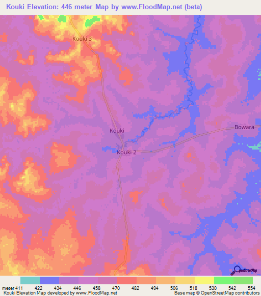 Kouki,Central African Republic Elevation Map