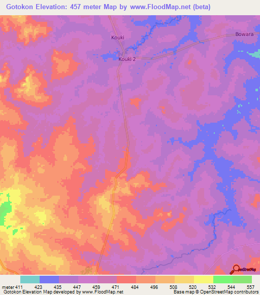 Gotokon,Central African Republic Elevation Map