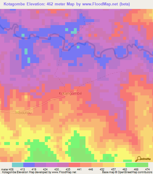 Kotagombe,Central African Republic Elevation Map