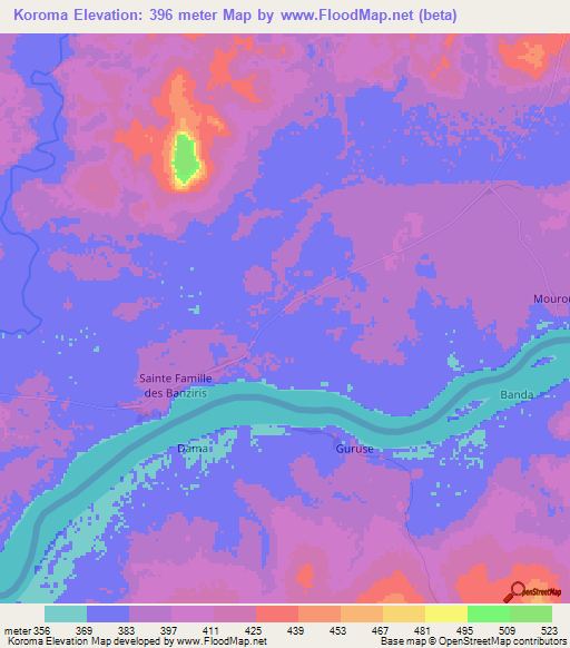 Koroma,Central African Republic Elevation Map