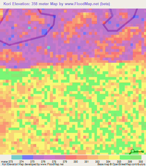 Kori,Central African Republic Elevation Map