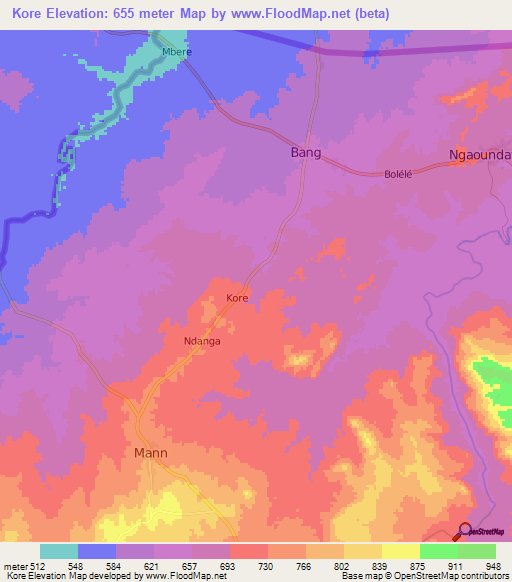 Kore,Central African Republic Elevation Map