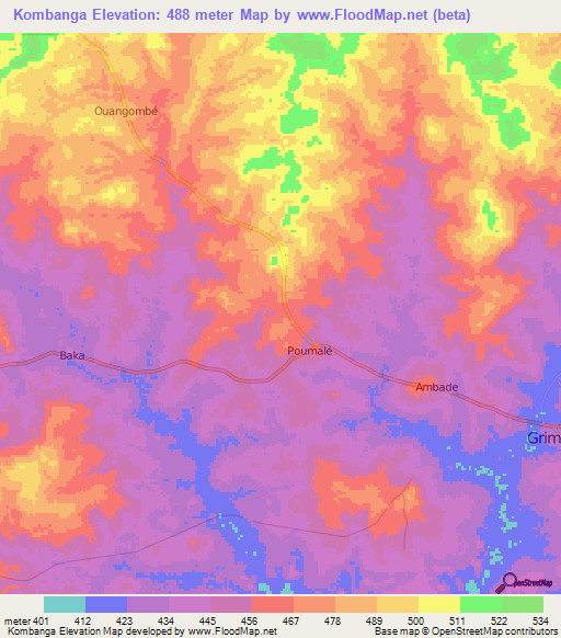 Kombanga,Central African Republic Elevation Map