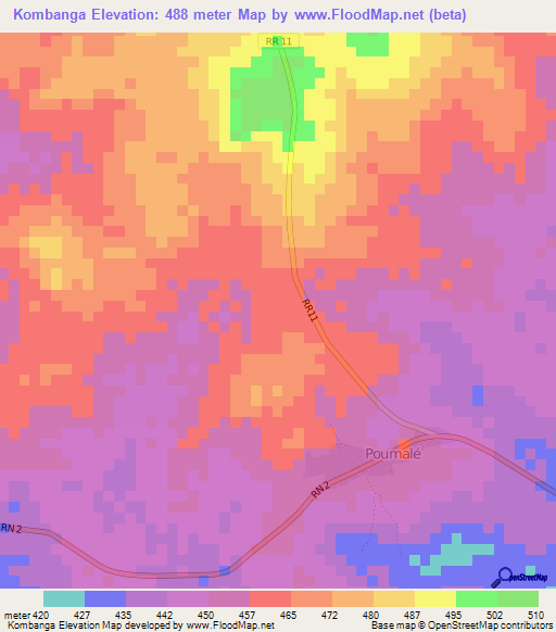 Kombanga,Central African Republic Elevation Map