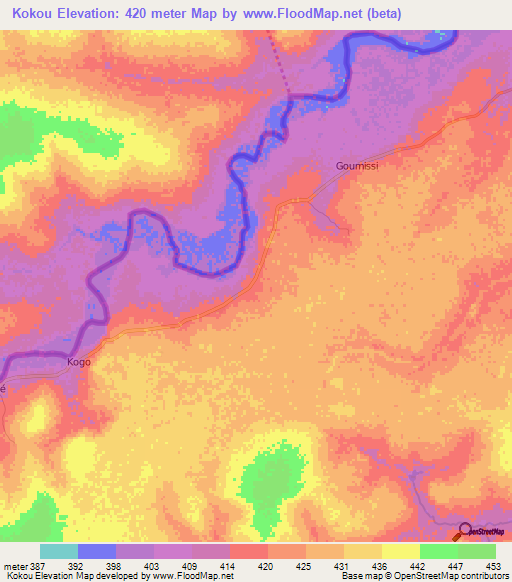 Kokou,Central African Republic Elevation Map