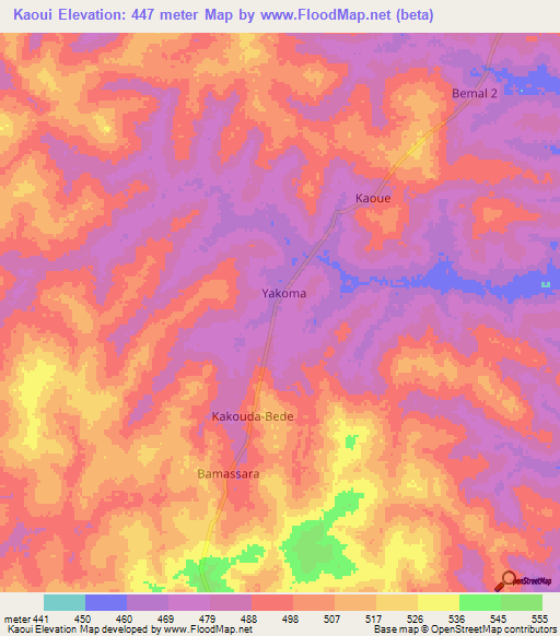 Kaoui,Central African Republic Elevation Map