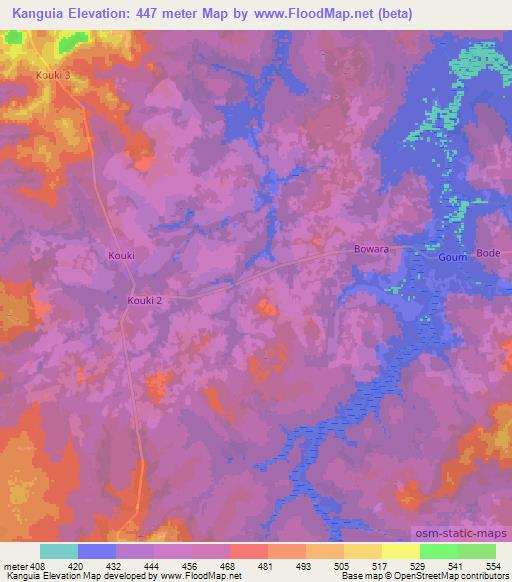 Kanguia,Central African Republic Elevation Map